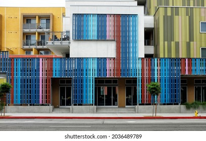 LOS ANGELES, CALIFORNIA - 18 AUG 2021:  Colorful Exterior Of New Apartment Buildings On Spring Street In The Downtown Area Near Olvera Street.