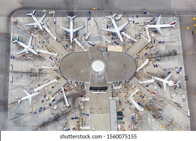Los Angeles, California – April 14, 2019: Aerial photo of Delta Air Lines airplanes at Los Angeles International Airport (LAX) in California.