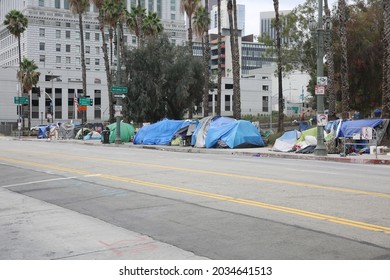 Los Angeles, California. August 17, 2021: Los Angles Homeless Tents and Encampments. Homeless people set up tents on the sidewalks and various locations in Los Angeles to live and sleep. 
