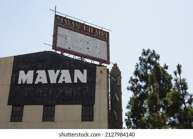 Los Angeles, California - August 21, 2020: The Neon Sign Of The Mayan Theater, A Landmark Built 1927.