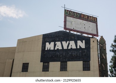 Los Angeles, California - August 21, 2020: The Outside Wall Sign Of The Mayan Theater In Downtown Los Angeles.