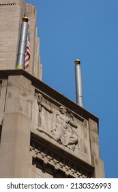 Los Angeles, California - August 21, 2020: Flags At The Southern California Edison Building, Built 1931 In Art Deco.