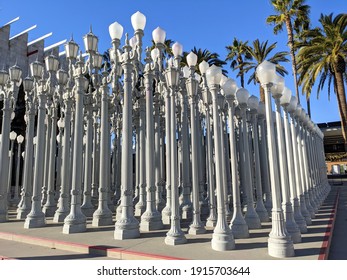 Los Angeles, California - February 12, 2021: Urban Light by Chris Burden, a public art installation at the Los Angeles County Museum of Art
