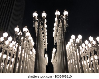 Los Angeles, California - February 18, 2018 - Chris Burden’s public art piece “Urban Light” at LACMA, the Los Angeles County Museum of Art.