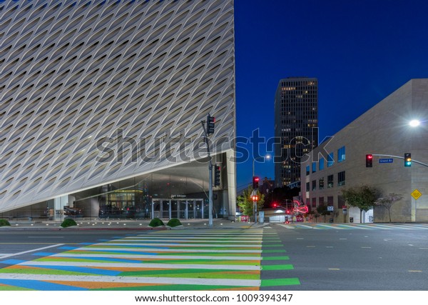 LOS ANGELES, CALIFORNIA - JAN 23rd, 2018: The\
Broad Museum with it\'s new colorful crosswalks art installation by \
Carlos Cruz-Diez in  Downtown LA. The museum is named for\
philanthropist Eli Broad.