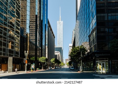 LOS ANGELES, CALIFORNIA, MARCH 24, 2022: Skyline of buildings at downtown financial district in Los Angeles, California, United States.