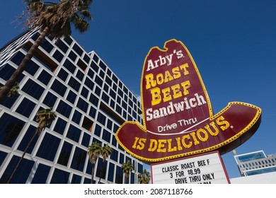 Los Angeles, California - March 28, 2020: A Vintage Ten Gallon Hat Style Arby's Neon Hat Sign.