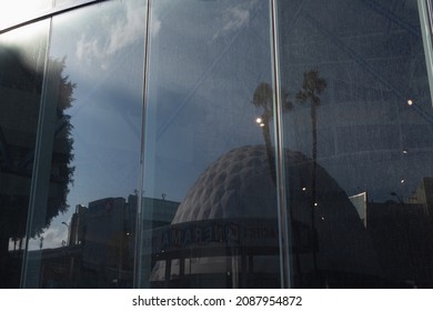 Los Angeles, California - March 28, 2020: The Cinerama Dome Reflected In A Window.