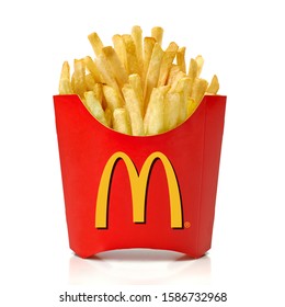 Los Angeles, California - May 17, 2019: McDonald French Fries In Paper Cup Or Package Isolated On White Background. McDonald Company Is The Most Popular Market Leader In USA