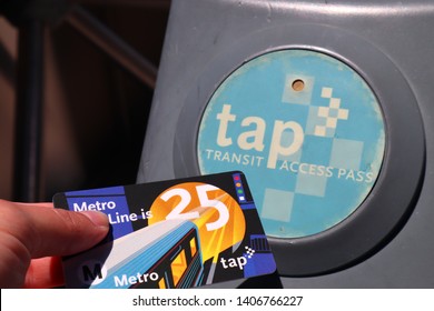 Los Angeles, California - May  21, 2019: Los Angeles Metro Rail Turnstiles With TAP Card, Transit Access Pass 