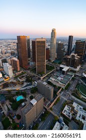 Los Angeles, California, May 22nd 2022 - The American city of Los Angeles financial district after the sunset. Picture taken from a helicopter  - Shutterstock ID 2160056191