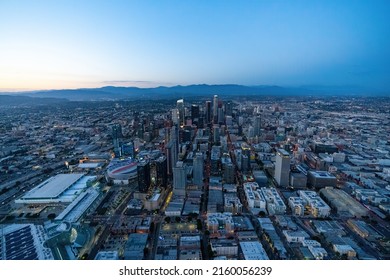 Los Angeles, California, May 22nd 2022 - The downtown Los Angeles California USA during the blue hour. Picture taken from a helicopter