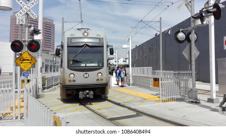 Los Angeles, California - May 8, 2018: Los Angeles Metro Rail Train At Little Tokyo/Arts  District Station