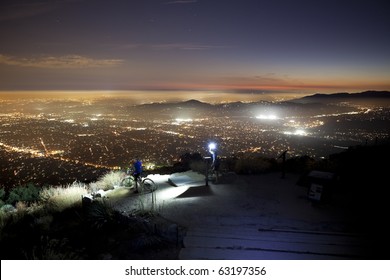 LOS ANGELES, CALIFORNIA - OCTOBER 12: Night Time Bike Riders Risk Life And Limb To Reach Breath Taking Night Views On Top Of 3200' Echo Mountain On October 12, 2010 In Los Angeles, California.