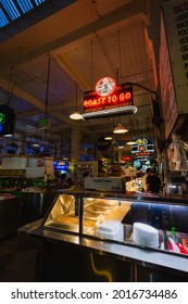 Los Angeles, California - October 16, 2019: A Neon Sign For Mexican Food At The Historic Grand Central Market In Downtown Los Angeles.