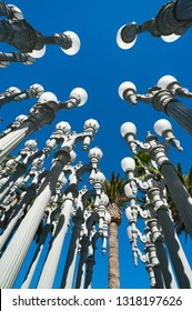 Los Angeles,  California - October 26th 2012: Urban Light assemblage sculpture by the artist Chris Burden at the Los Angeles County Museum of Art