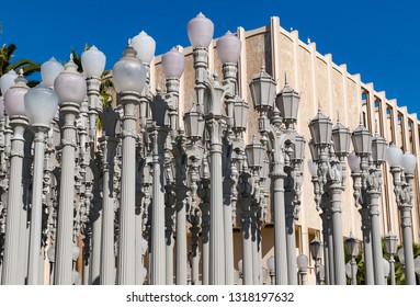 Los Angeles,  California - October 26th 2012: Urban Light assemblage sculpture by the artist Chris Burden at the Los Angeles County Museum of Art