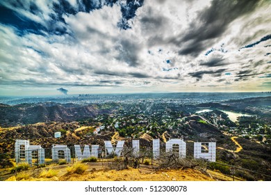 LOS ANGELES, CALIFORNIA - OCTOBER 27, 2016: Hollywood sign seen from behind under a dramatic sky