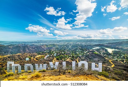 LOS ANGELES, CALIFORNIA - OCTOBER 27, 2016: Hollywood sign seen from behind with Los Angeles on the background