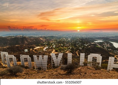 Los Angeles, California - October 28, 2016: Hollywood Sign At Sunset