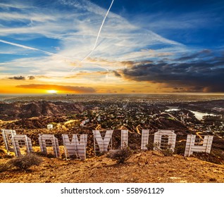 Los Angeles, California - October 28, 2016: Colorful Sky Over Hollywood Sign At Sunset