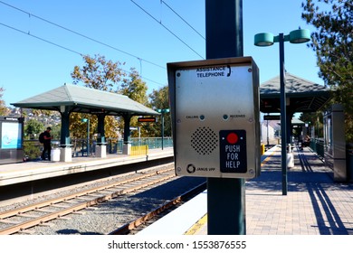 Los Angeles, California – October 4, 2019: Assistance Telephone On The Platform Of LA Metro Rail Station