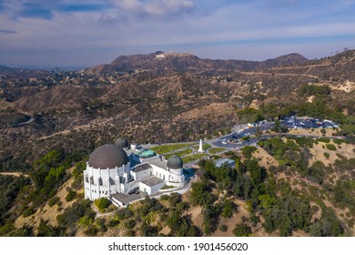 Los Angeles, California On January 3, 2021. Griffith Observatory Angle View With Hollywood Sign In Distance.