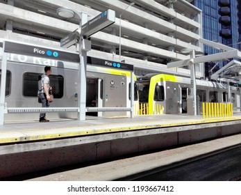 LOS ANGELES, California - September 14, 2018: Los Angeles, LA Metro Rail Blue And Expo Line In Pico Station