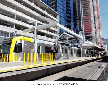 LOS ANGELES, California - September 14, 2018: Los Angeles, LA Metro Rail Blue And Expo Line In Pico Station