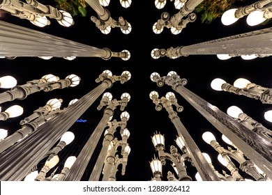 Los Angeles, California, United States - August 9, 2018: bottom view of Urban Light by night, a sculpture by Chris Burden at Los Angeles Contemporary Art Museum LACMA, composed of 202 street lamps.