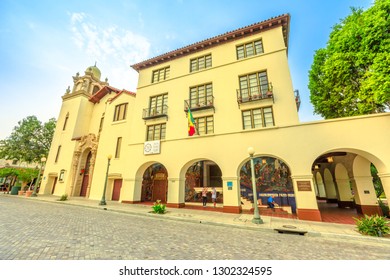 Los Angeles, California, United States - August 9, 2018: Old Plaza Church Or La Plaza United Methodist Church In El Pueblo, A State Historic Park In Historic District Downtown Of Los Angeles.