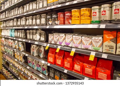 Los Angeles, California, United States: 04-07-2019: The Coffee Aisle At The Grocery Store Featuring Several Brands Of Coffee Bean Packages On Shelves.