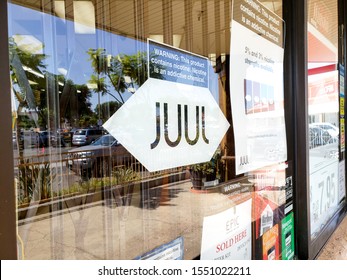 Los Angeles, California, United States - 09-22-2019: A View Of A Window Sign At A Convenient Store Advertising Juul Products.