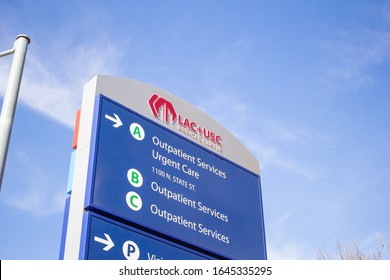 Los Angeles, California, United States - 01-31-2020: A View Of The Entrance And Route Directory Sign For The Hospital Known As LAC+USC Medical Center.