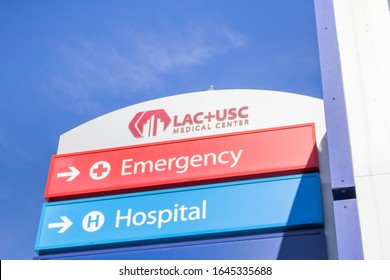 Los Angeles, California, United States - 01-31-2020: A View Of The Entrance And Route Directory Sign For The Hospital Known As LAC+USC Medical Center.