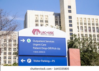 Los Angeles, California, United States - 01-31-2020: A View Of The Entrance And Route Directory Sign For The Hospital Known As LAC+USC Medical Center.