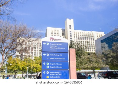 Los Angeles, California, United States - 01-31-2020: A View Of The Entrance And Route Directory Sign For The Hospital Known As LAC+USC Medical Center.