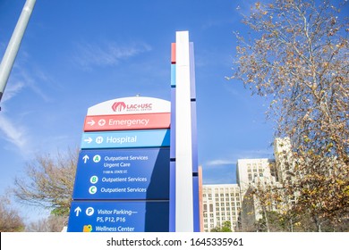 Los Angeles, California, United States - 01-31-2020: A View Of The Entrance And Route Directory Sign For The Hospital Known As LAC+USC Medical Center.