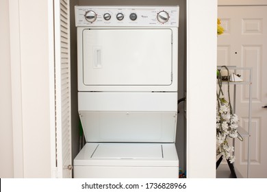 Los Angeles, California, United States - 05-18-2020: A View Of A Whirlpool Brand Stacked Washer And Dryer Set Located Inside An Home Setting.