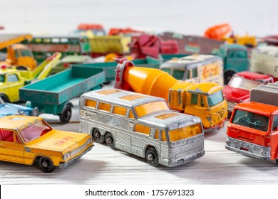 Los Angeles, California, United States - 06-09-2020: A Closeup View Of A Display Of Vintage Matchbox Toy Cars.