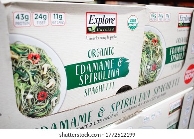 Los Angeles, California, United States - 07-01-2020: A View Of Several Boxes Of Explore Cuisine Edamame And Spirulina Spaghetti.