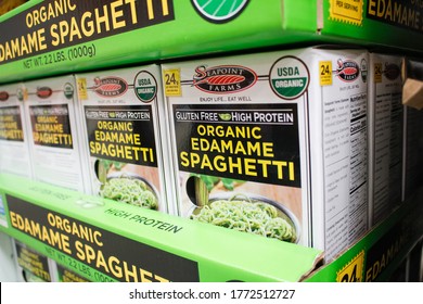 Los Angeles, California, United States - 07-01-2020: A View Of Several Boxes Of Seapoint Farms Edamame Spaghetti, On Display At A Local Big Box Grocery Store.