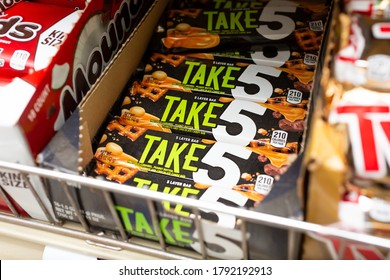 Los Angeles, California, United States - 07-22-2020: A View Of A Case Of Take 5 Candy Bars, On Display At A Local Grocery Store.