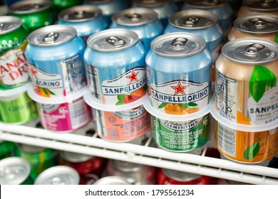 Los Angeles, California, United States - 07-22-2020: A View Of Several Cans Of San Pellegrino Soda, On Display At A Local Liquor Store.