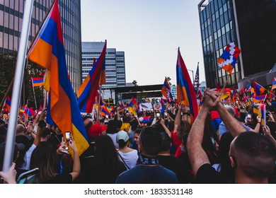 Los Angeles, California / United states - October 11 2020: Armenians marching for peace, starting at Pan Pacific Park on Beverly Blvd, and ended at Turkish Consulate on Wilshire Blvd.