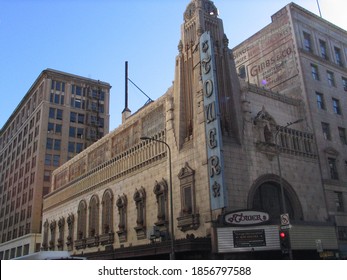 Los Angeles, California, United States - December 8 2006: The Tower Theatre, A Movie Theater Opened In 1927 In The Broadway Theater District Of Downtown Los Angeles. Wide Exterior, Daytime.