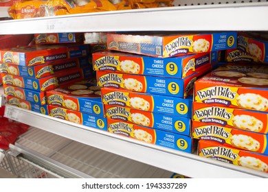 Los Angeles, California, United States - 03-18-2021: A View Of Several Boxes Of Bagel Bites, On Display At A Local Grocery Store.