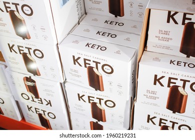 Los Angeles, California, United States - 04-06-2021: A View Of Several Packages Of Keto Pint Sea Salt Caramel Ice Cream Bars, On Display At A Local Big Box Grocery Store.