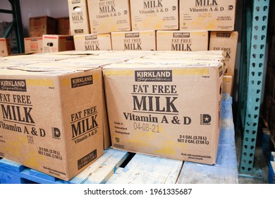 Los Angeles, California, United States - 04-06-2021: A View Of Several Boxes Of Kirkland Signature Fat Free Milk Vitamin A And Vitamin D, On Display At A Local Costco Store.