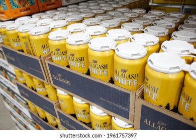 Los Angeles, California, United States - 04-06-2021: A View Of Several Allagash White Beer Can Packs, On Display At A Local Big Box Grocery Store.